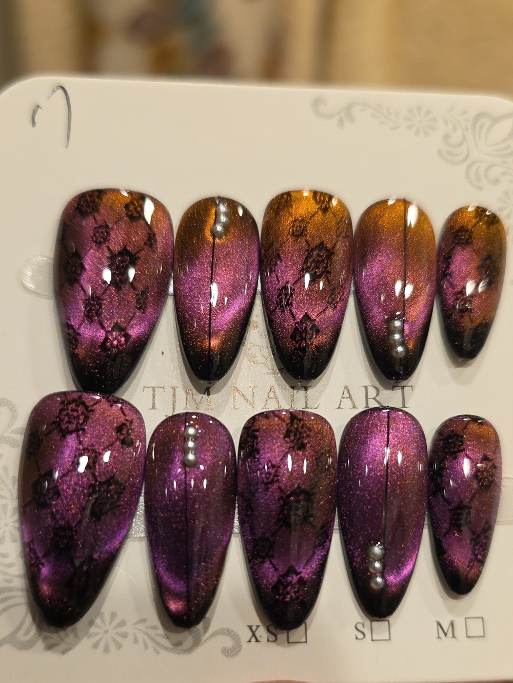Purple Ombre Press-On Nails with Black Lace Detail Size Large